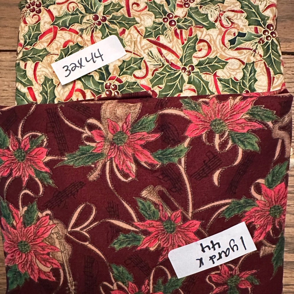 Christmas Holiday Fabric Bundle Poinsettia Music Holly Berry Metallic Gold 2pc
